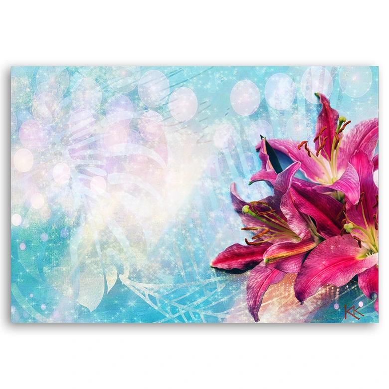 Leinwandbild, Rosa Blumen auf blauem Hintergrund 