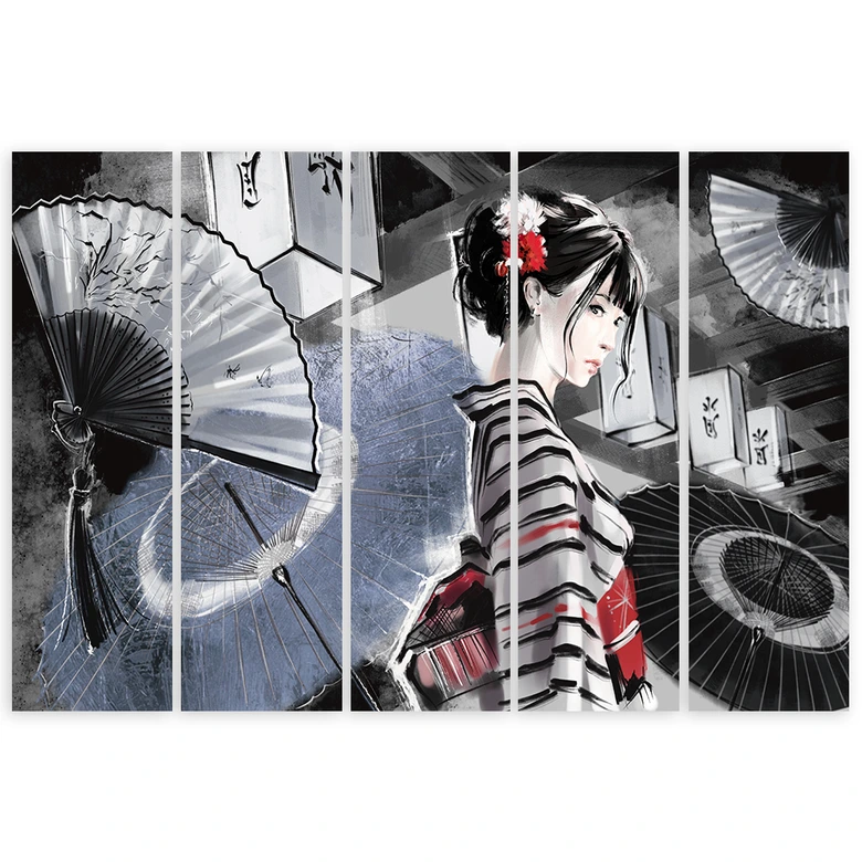 Leinwandbild 5 teilig, Geisha mit einem Fan 