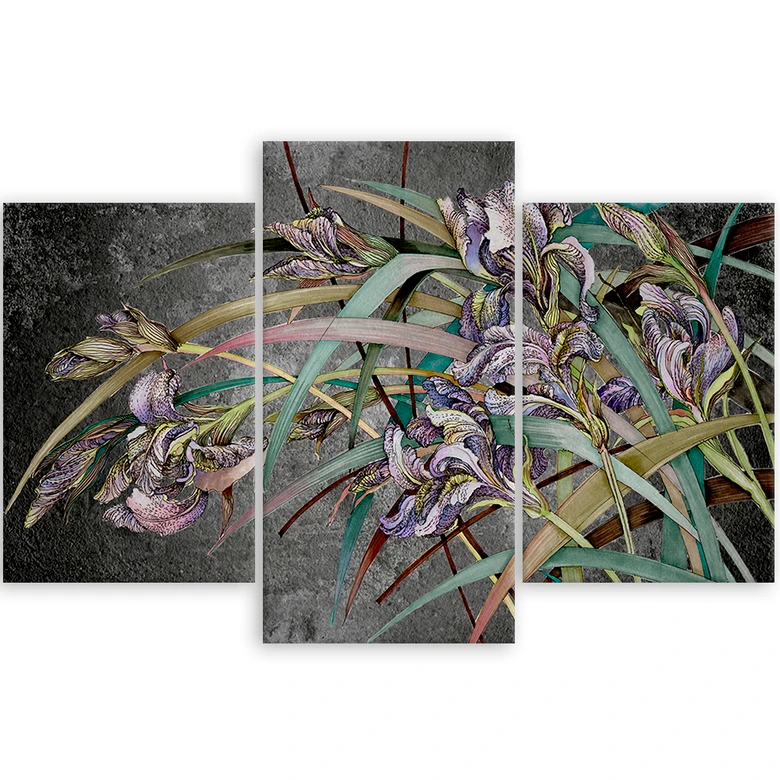 Leinwandbild 3 teilig, Iris Blumen im Wind 