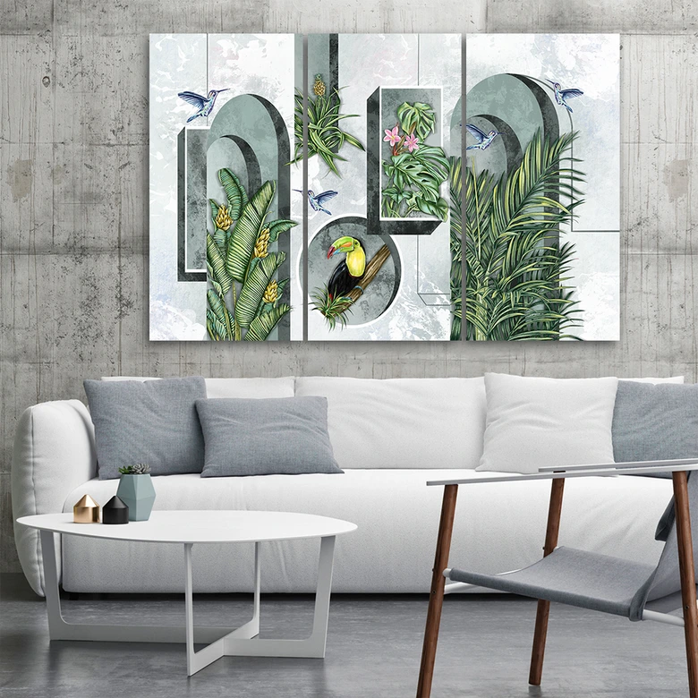 Leinwandbild 3 teilig, Formen in der Wand mit Pflanzen und Vögeln Toucan Koliber 