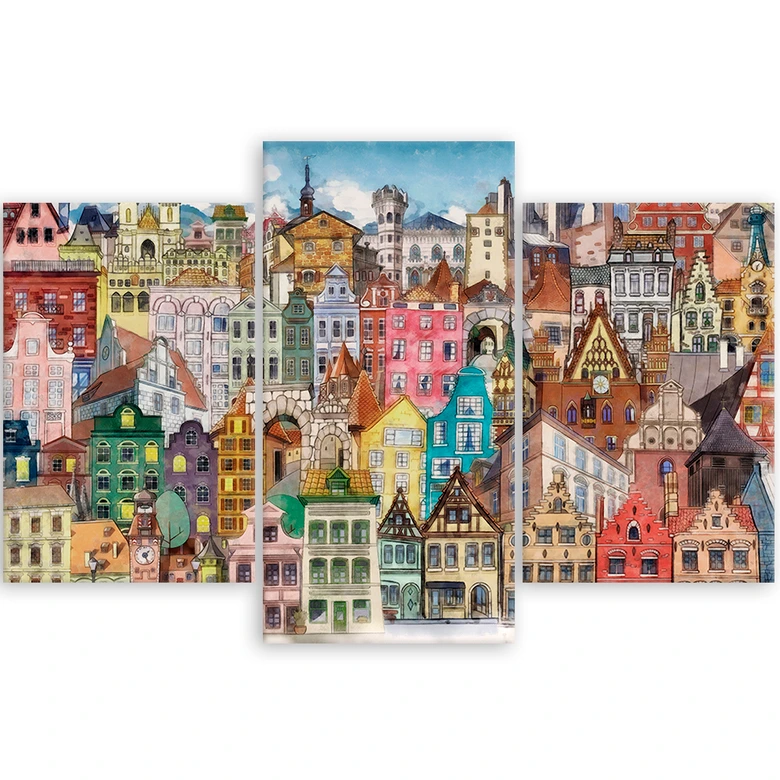 Leinwandbild 3 teilig, Fröhliche Stadt 