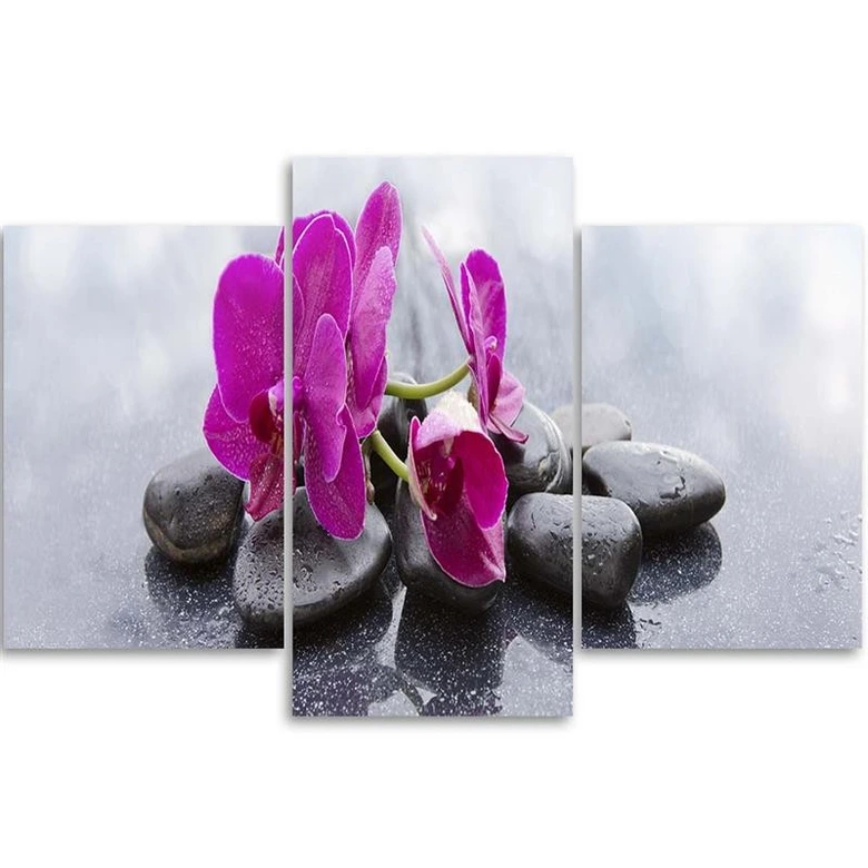 Leinwandbild 3-teilig, Orchidee Blumen Steine Lila 