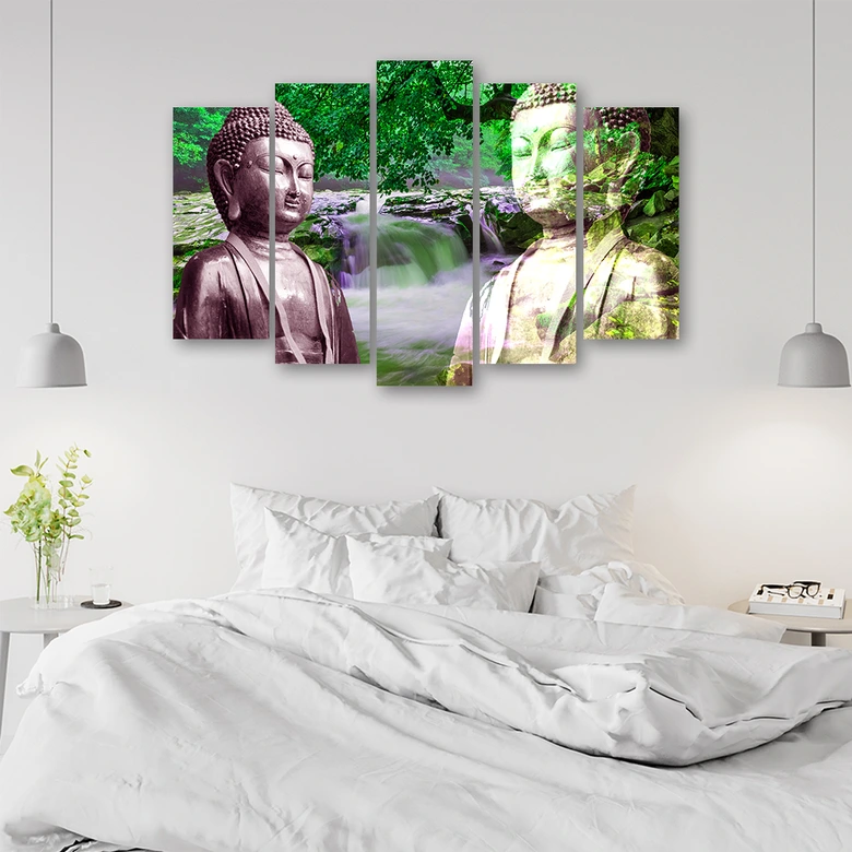 5 stykke lærred Print Buddha Waterfall Forest Green 