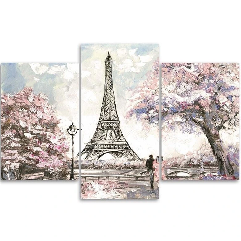 Leinwandbild 3-teilig, Eiffelturm Paris Rosa Gemalt 