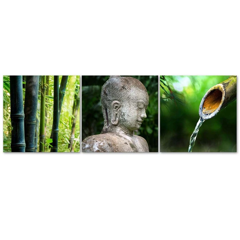 3 stykke lærredstryk Bambus Zen Buddha 