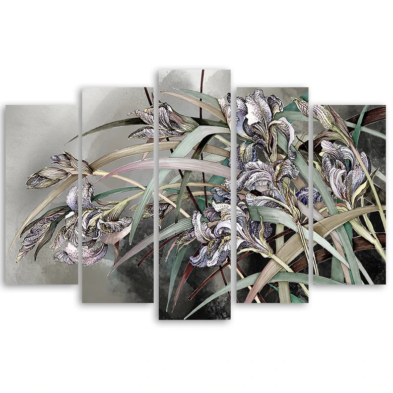 Leinwandbild 5 teilig, Iris Blumen im Wind 