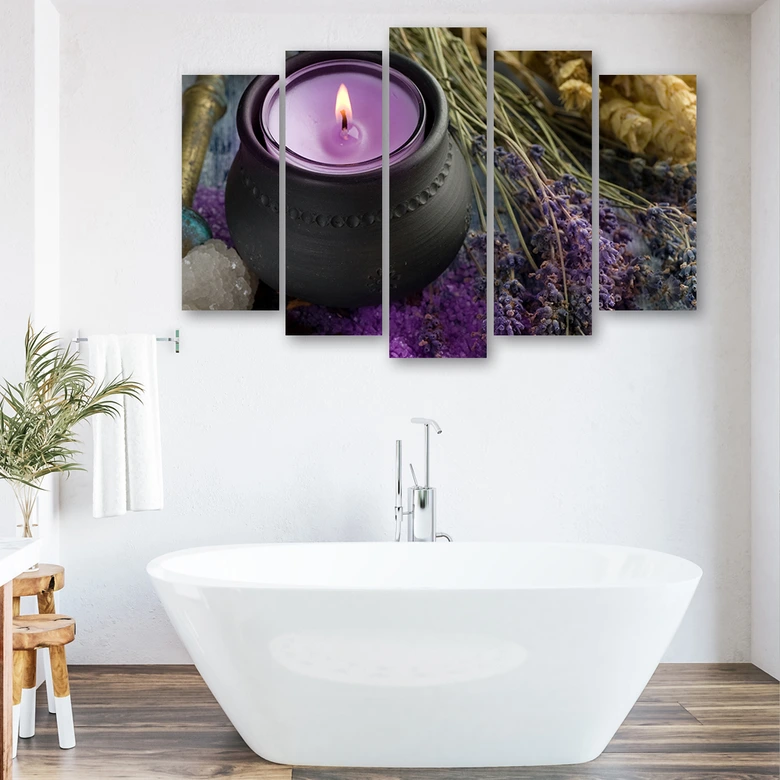 Leinwandbild 5 teilig, Lila Spa Zen Kerze 