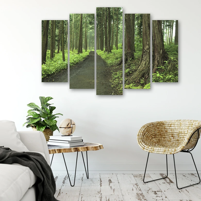 Leinwandbild 5 teilig, Wald Straße Bäume Natur 