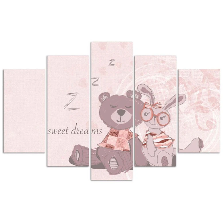 Leinwandbild 5 teilig, Teddybär Rosa Hase 