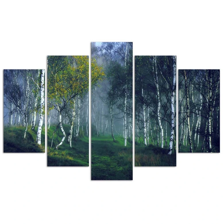 Wandbild 5-teilig, Birkenwald im Nebel Landschaft 