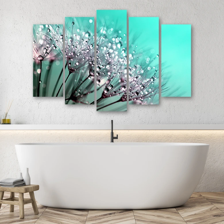 5-delige canvas print opblaasbare bloemen turkoois 