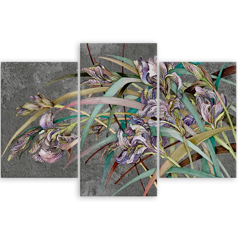 Leinwandbild 3 teilig, Iris Blumen im Wind 