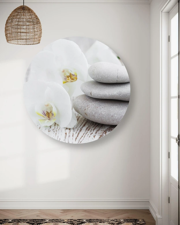Rundes Leinwandbild Weiße Orchidee und Steine 