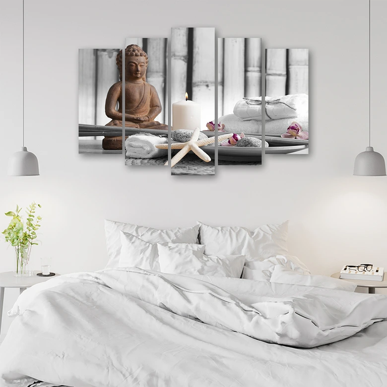 Leinwandbild 5 teilig, Buddha Zen Spa Braun 