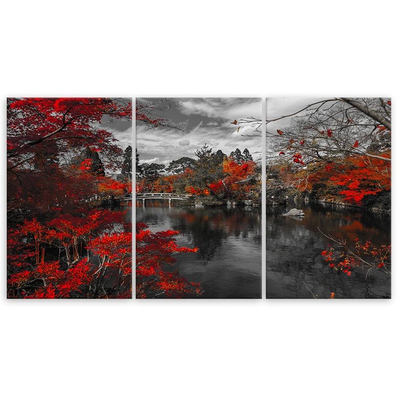 Leinwandbild 3-teilig, Garten Japan Rot 
