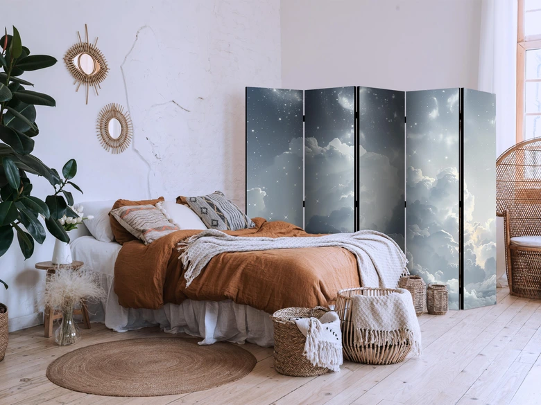 Paravent, Raumteiler freistehend, Trennwand - Astral Calm: Stars Scattered Above Gentle Clouds, 5-teilig - 225x172 cm 