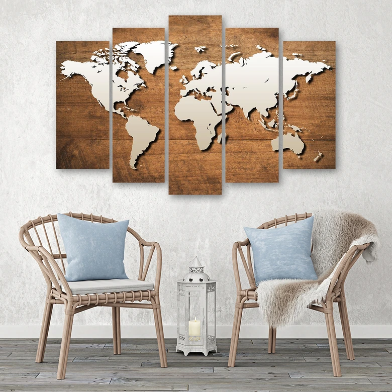 Wandbild 5-teilig, Weltkarte Vintage Braun 