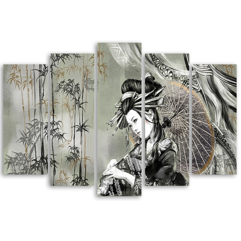 Leinwandbild 5 teilig, Geisha und Bambus 