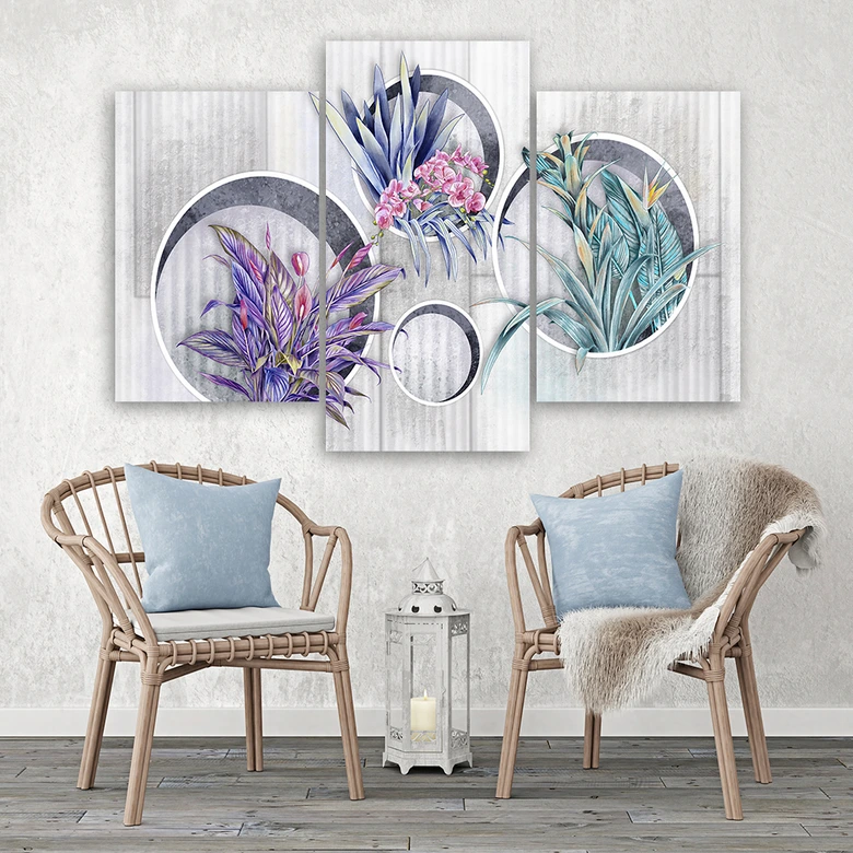 Leinwandbild 3 teilig, Quadratkisten Regale mit Blumen 