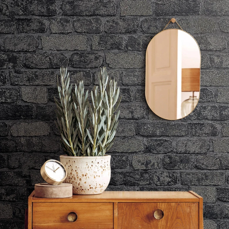 Behang met Stenen Effect, vliesbehang zwart 