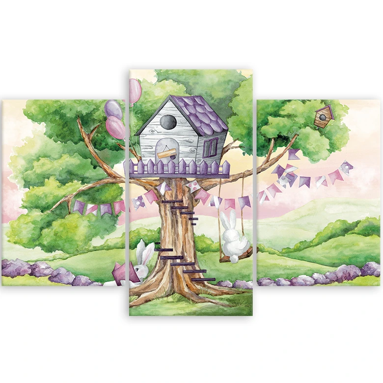 Leinwandbild 3 teilig, Weiße Kaninchen Hütte auf dem Baum 