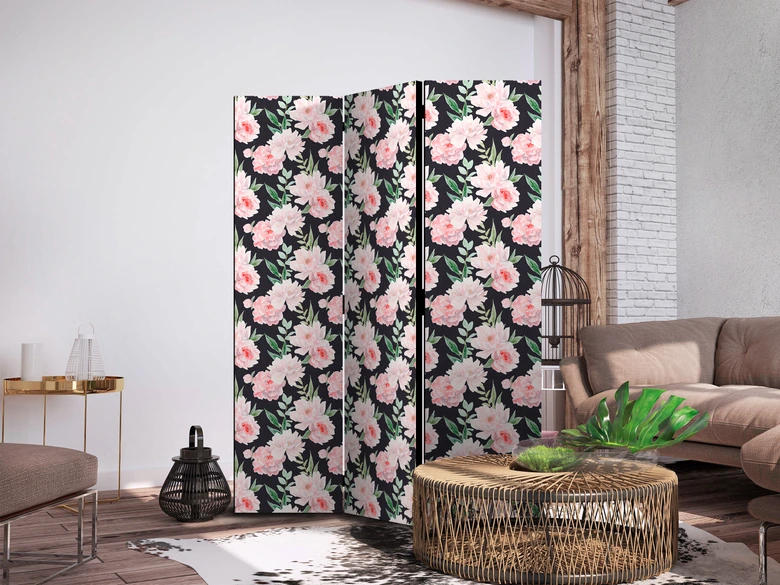 Paravent, Raumteiler freistehend, Trennwand - Peonies - Pink Floral Graphite 