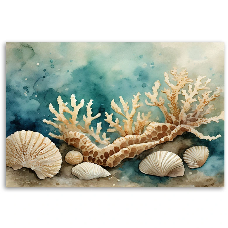 Leinwandbild, Muscheln und Seesterne türkis 