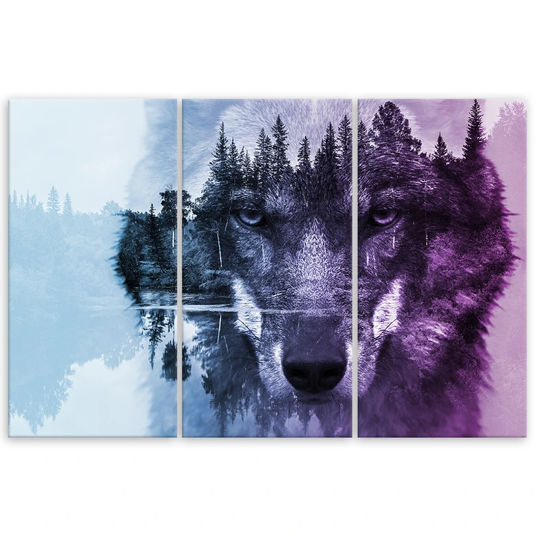 Leinwandbild 3-teilig, Wolf Tiere Wald Violett 