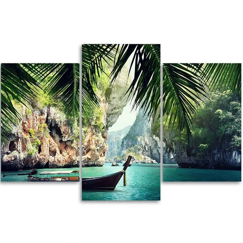 Leinwandbild 3-teilig, Tropische Palmen Strand Boot 