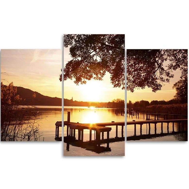 Leinwandbild 3-teilig, Sonnenuntergang See 