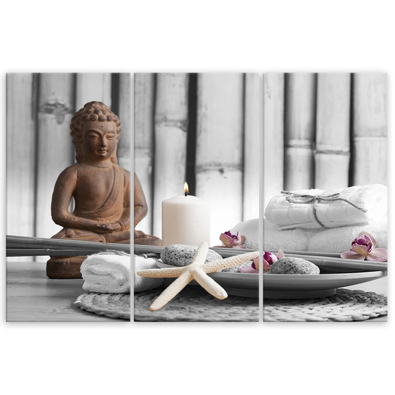 3-delige canvas print, Boeddha Zen Spa grijs 