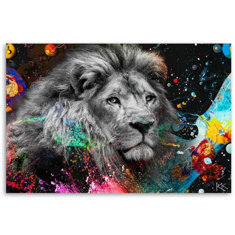 Canvas schilderij, leeuw op kleurrijke achtergrond 