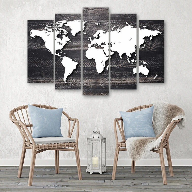 Wandbild 5-teilig, Weltkarte Vintage Grau 