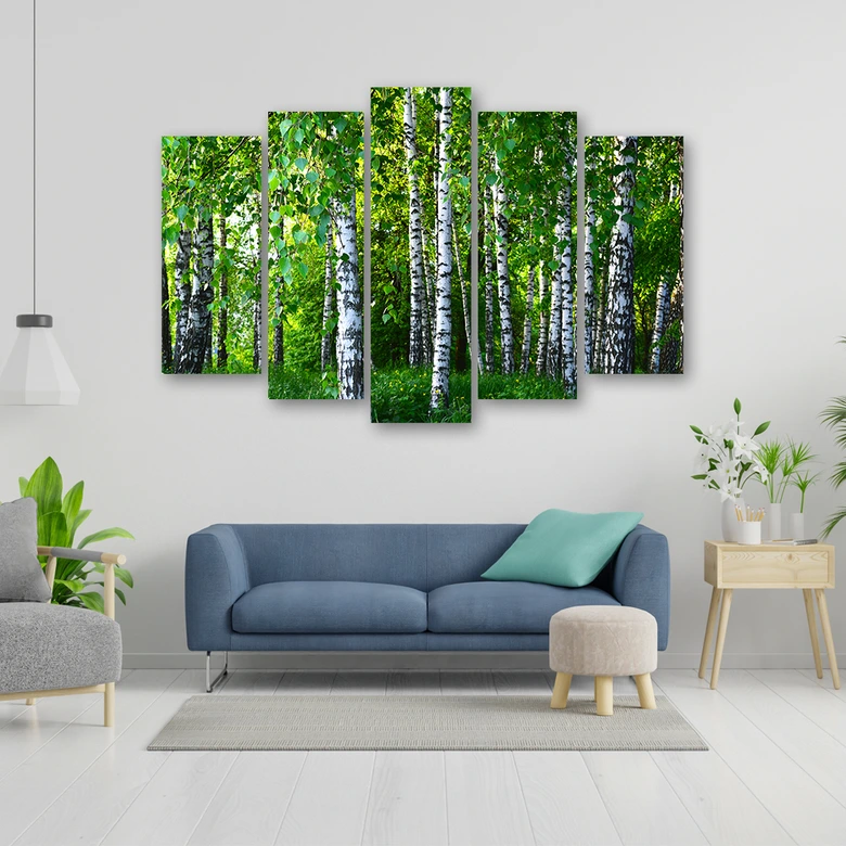 Leinwandbild 5 teilig, Birkenwald Grün 