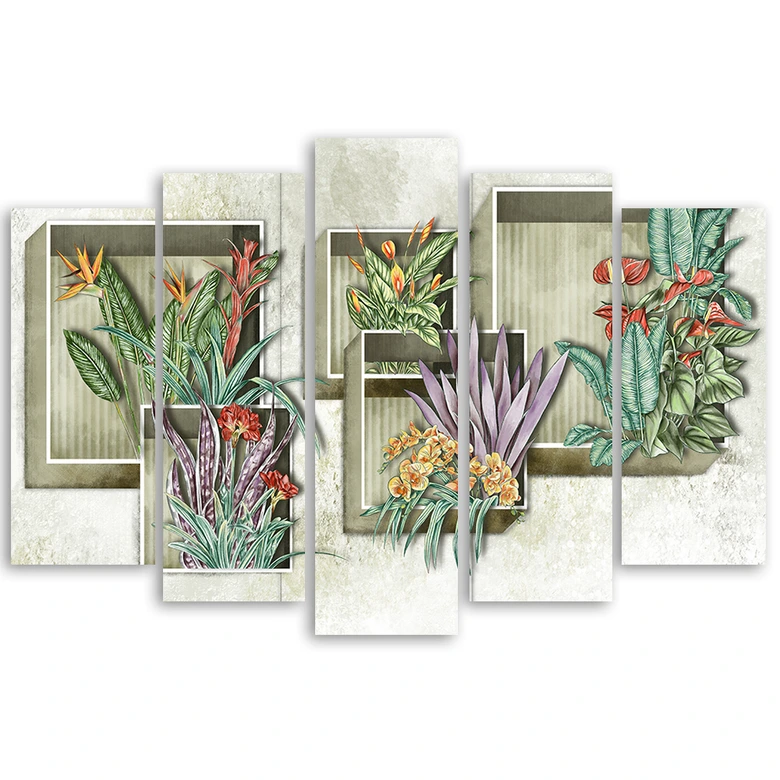 Leinwandbild 5 teilig, Quadratkisten Regale mit Blumen 