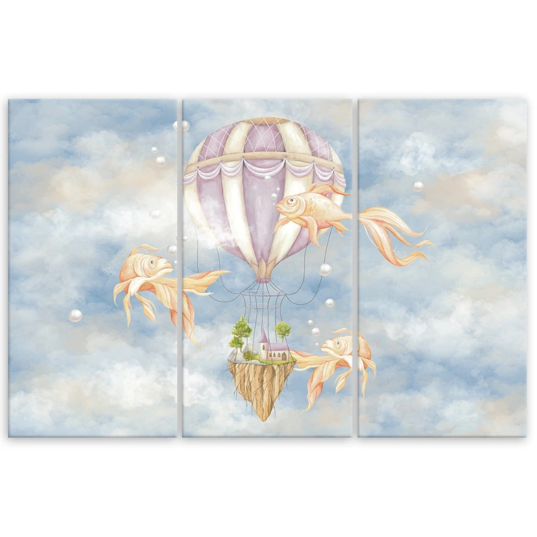 Lærred print 3 stykker, luftballon flyvehus og fisk 