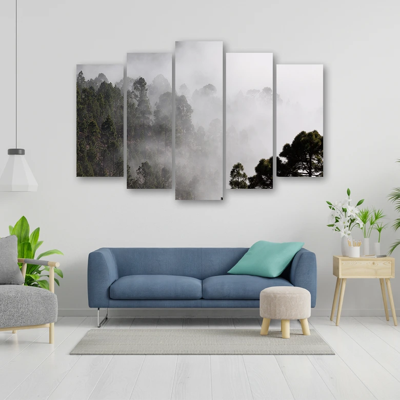 Leinwandbild 5 teilig, Wald im Nebel 