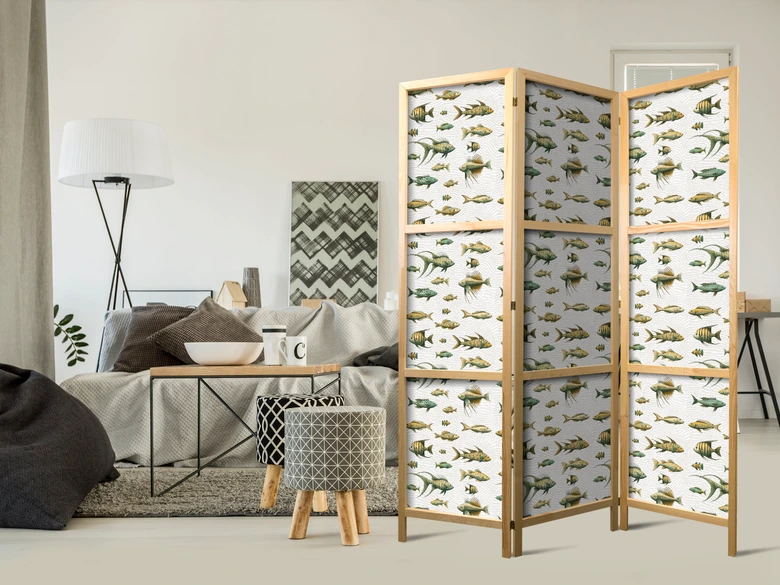 Japanischer Paravent, Raumteiler freistehend, Trennwand - Fish in Beige Tones Presented in Vintage Style 