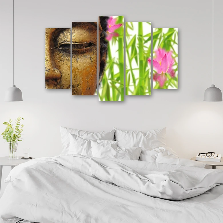 Leinwandbild 5 teilig, Buddha Bambus Zen Gold 