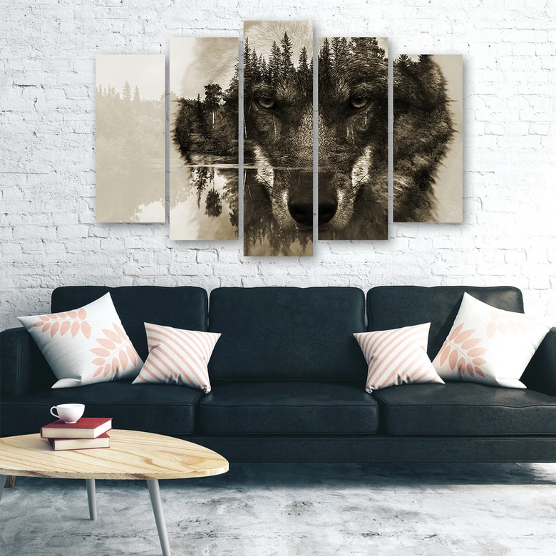 Leinwandbild 5 teilig, Wolf Tiere Schwarz Weiß 