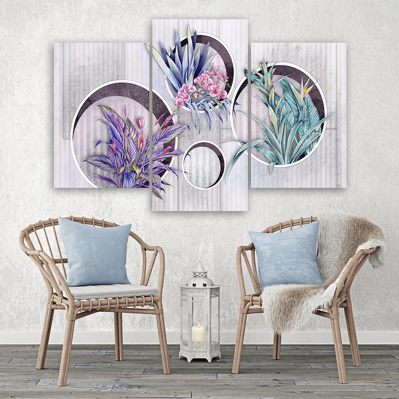 3-delige canvasprint, vierkante dozen planken met bloemen 