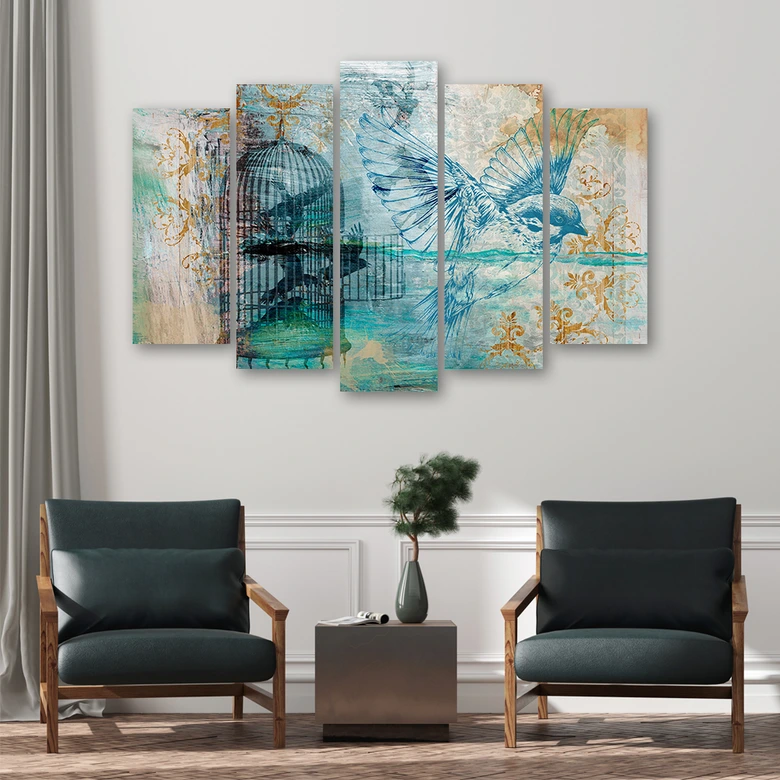 Wandbild 5-teilig, Vögel Käfig Retro 