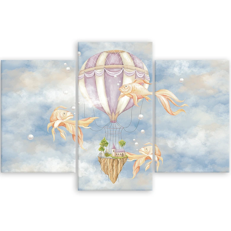 Leinwandbild 3 teilig, Heißluftballon fliegendes Haus und Fisch 