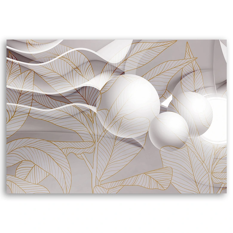Leinwandbild, Goldene Blätter und 3D Kugeln 