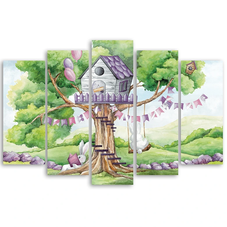 Leinwandbild 5 teilig, Weiße Kaninchen Hütte auf dem Baum 