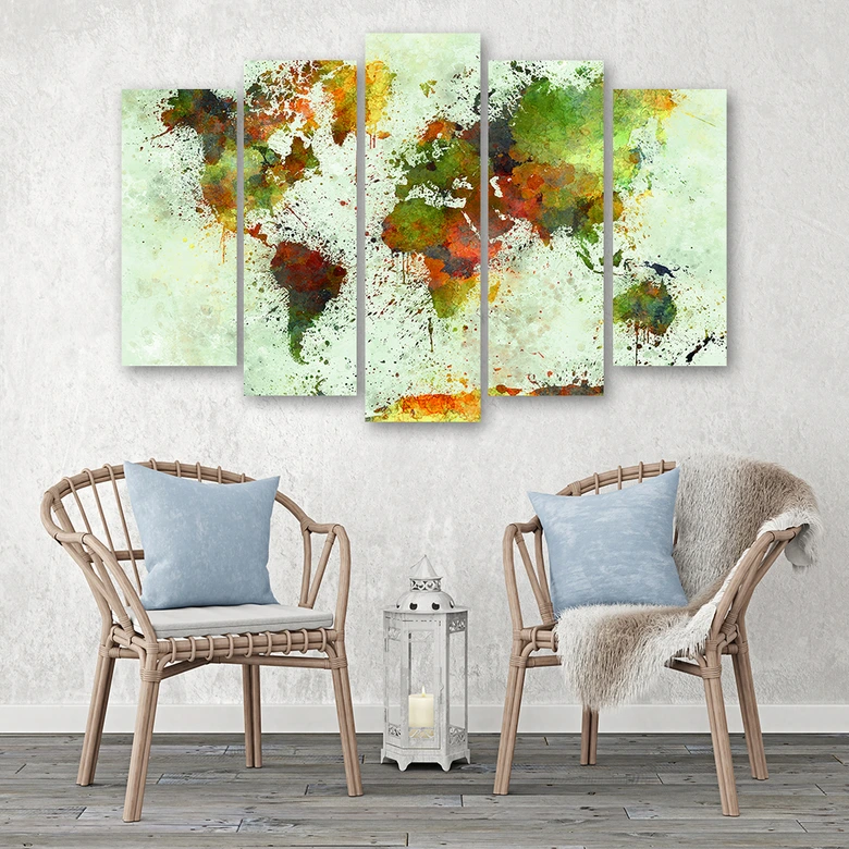Leinwandbild 5 teilig, Bunte Weltkarte Abstrakt  
