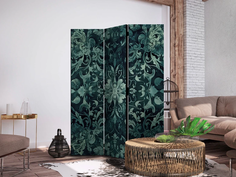 Paravent, Raumteiler freistehend, Trennwand - Oriental Carpet: Emerald Ornaments and Rubbed Patterns 