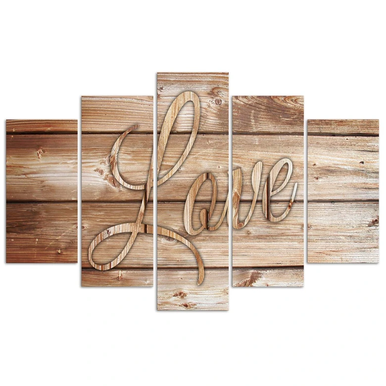 Leinwandbild 5 teilig, Liebe Holz Vintage Braun 