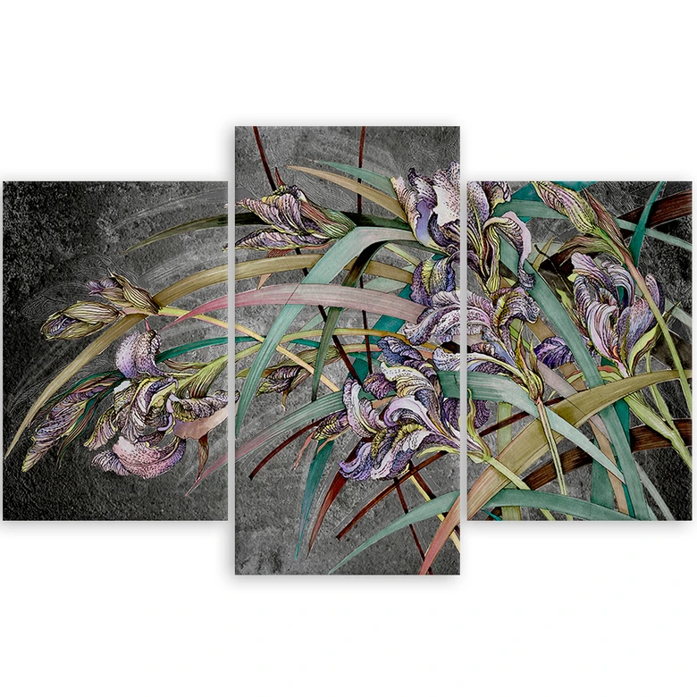 Leinwandbild 3 teilig, Iris Blumen im Wind 