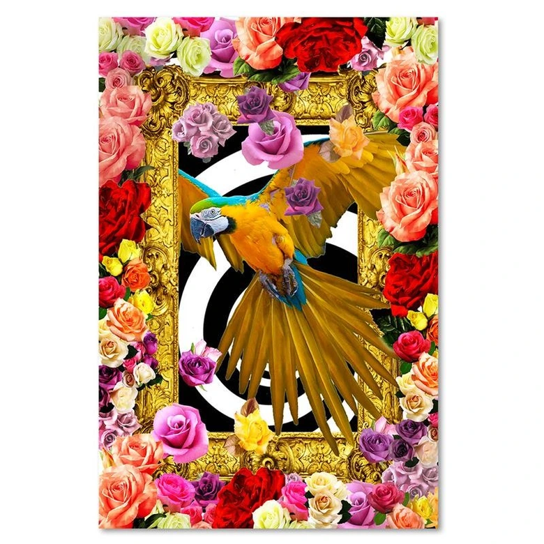 Leinwandbild, Papagei und bunte Rosen 